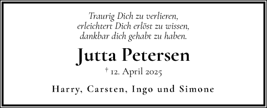 Traueranzeige von Jutta Petersen von Schleswig-Holsteinische Landeszeitung