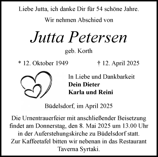 Traueranzeige von Jutta Petersen von Schleswig-Holsteinische Landeszeitung