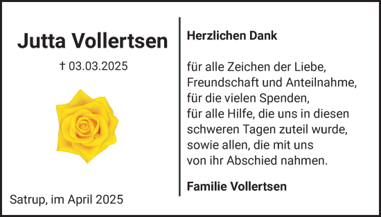 Traueranzeige von Jutta Vollertsen von Flensburger Tageblatt, Schleswiger Nachrichten, Schlei-Bote