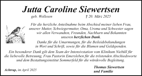 Traueranzeige von Jutta Caroline Siewertsen von Husumer Nachrichten, Nordfriesland Tageblatt