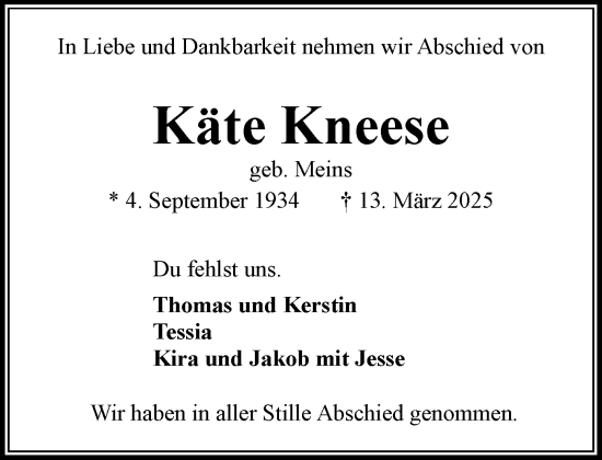 Traueranzeige von Käte Kneese von MARKT Bad Oldesloe/Reinfeld und Stormarner Tageblatt