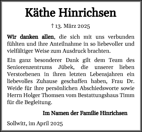 Traueranzeige von Käthe Hinrichsen von Husumer Nachrichten, Nordfriesland Tageblatt