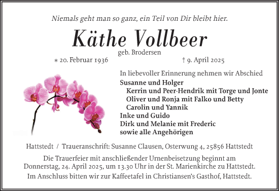 Traueranzeige von Käthe Vollbeer von Husumer Nachrichten, Nordfriesland Tageblatt