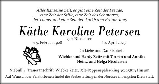 Traueranzeige von Käthe Karoline Petersen von Husumer Nachrichten, Nordfriesland Tageblatt