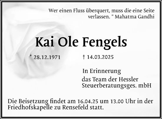 Traueranzeige von Kai Ole Fengels von Uetersener Nachrichten, Der tip am Wochenende