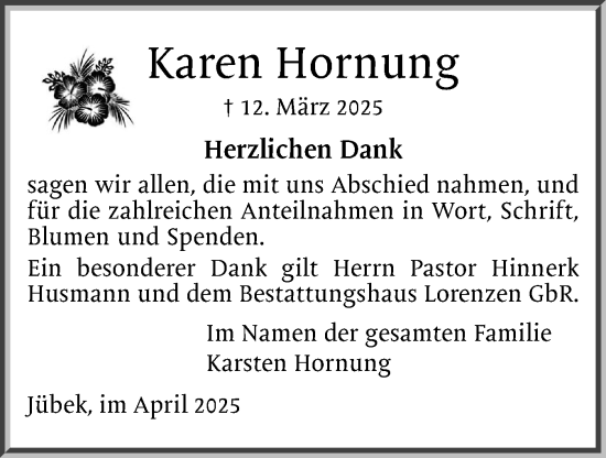 Traueranzeige von Karen Hornung von Schleswiger Nachrichten, Schlei-Bote
