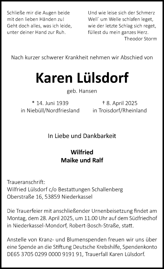 Traueranzeige von Karen Lülsdorf von Die WochenSchau Gesamtausgabe