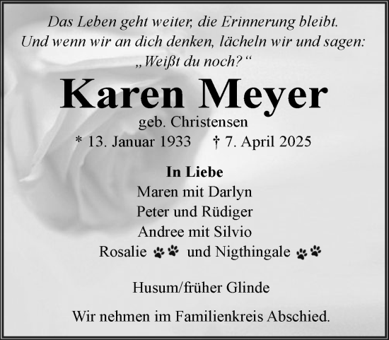 Traueranzeige von Karen Meyer von Husumer Nachrichten, Nordfriesland Tageblatt