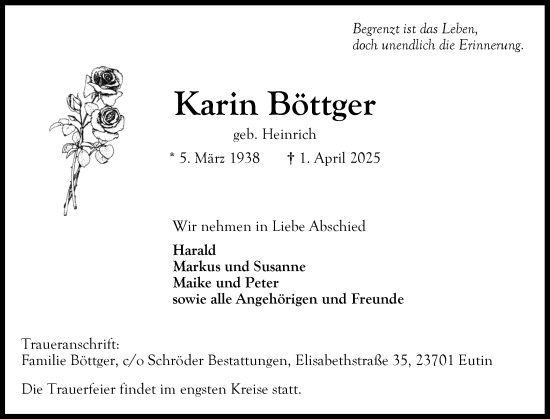 Traueranzeige von Karin Böttger von Ostholsteiner Anzeiger