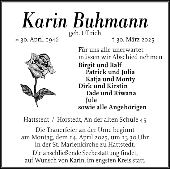 Traueranzeige von Karin Buhmann von Husumer Nachrichten, Nordfriesland Tageblatt