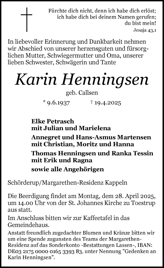 Traueranzeige von Karin Henningsen von Flensburger Tageblatt, Schleswiger Nachrichten, Schlei-Bote