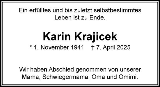 Traueranzeige von Karin Krajicek von MARKT Bad Oldesloe/Reinfeld und Stormarner Tageblatt