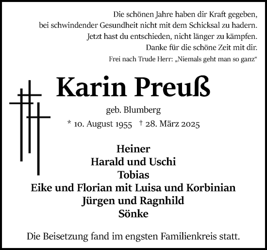 Traueranzeige von Karin Preuß von Schleswig-Holsteinische Landeszeitung