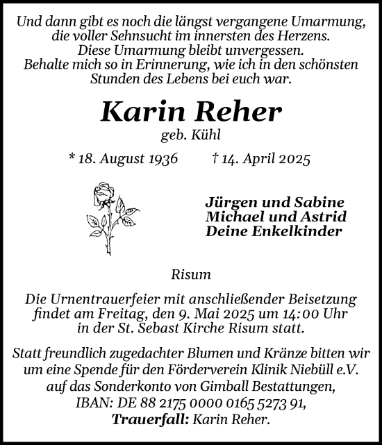 Traueranzeige von Karin Reher von Husumer Nachrichten, Nordfriesland Tageblatt
