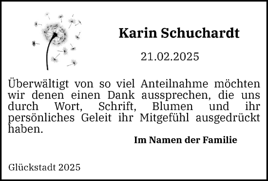 Traueranzeige von Karin Schuchardt von Norddeutsche Rundschau, Wilstersche Zeitung, Glückstädter Fortuna