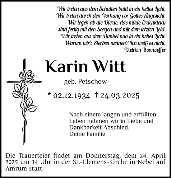 Traueranzeige von Karin Witt von Der Insel-Bote