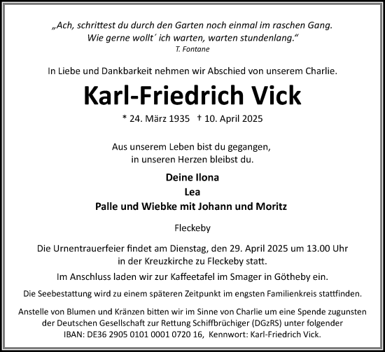 Traueranzeige von Karl-Friedrich Vick von Eckernförder Zeitung, Hallo Eckernförde