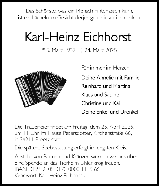Traueranzeige von Karl-Heinz Eichhorst von Holsteinischer Courier