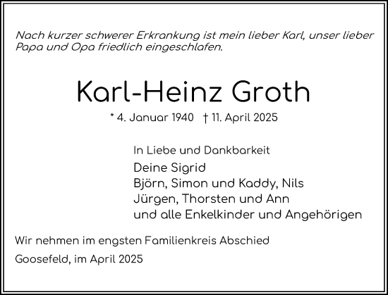 Traueranzeige von Karl-Heinz Groth von Eckernförder Zeitung, Hallo Eckernförde