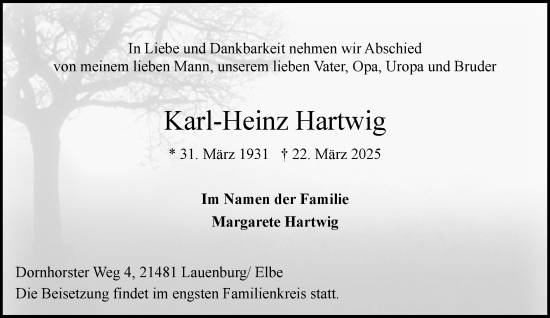 Traueranzeige von Karl-Heinz Hartwig von Wochenend Anzeiger