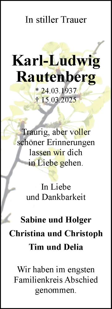 Traueranzeige von Karl-Ludwig Rautenberg von Eckernförder Zeitung, Hallo Eckernförde
