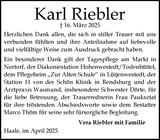 Traueranzeige von Karl Riebler von Schleswig-Holsteinische Landeszeitung
