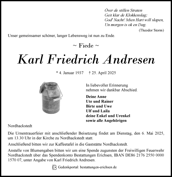 Traueranzeige von Karl Friedrich Andresen von Region Flensburg