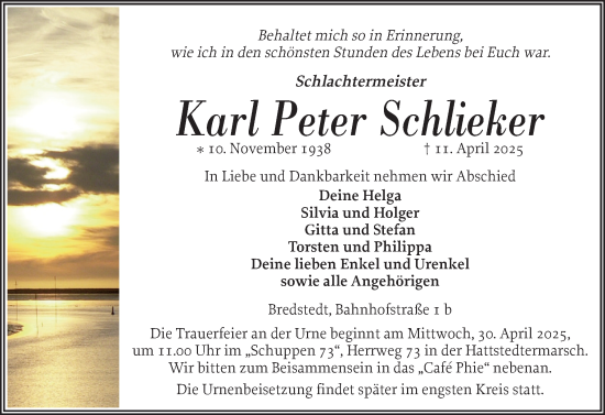 Traueranzeige von Karl Peter Schlieker von Husumer Nachrichten, Nordfriesland Tageblatt