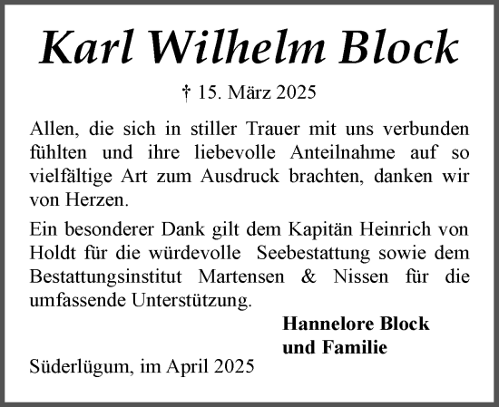 Traueranzeige von Karl Wilhelm Block von Husumer Nachrichten, Nordfriesland Tageblatt