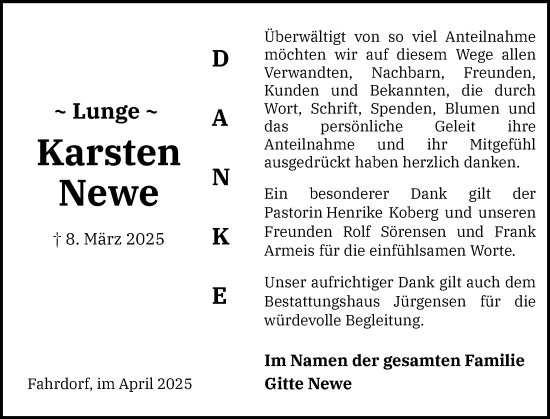 Traueranzeige von Karsten Newe von Schleswiger Nachrichten, Schlei-Bote