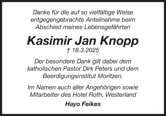 Traueranzeige von Kasimir Jan Knopp von Sylter Rundschau
