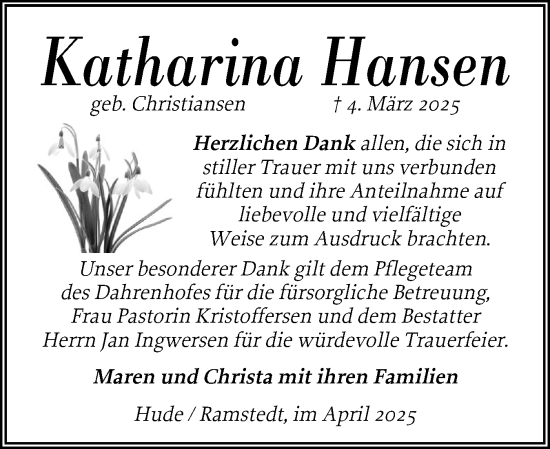 Traueranzeige von Katharina Hansen von Husumer Nachrichten, Nordfriesland Tageblatt