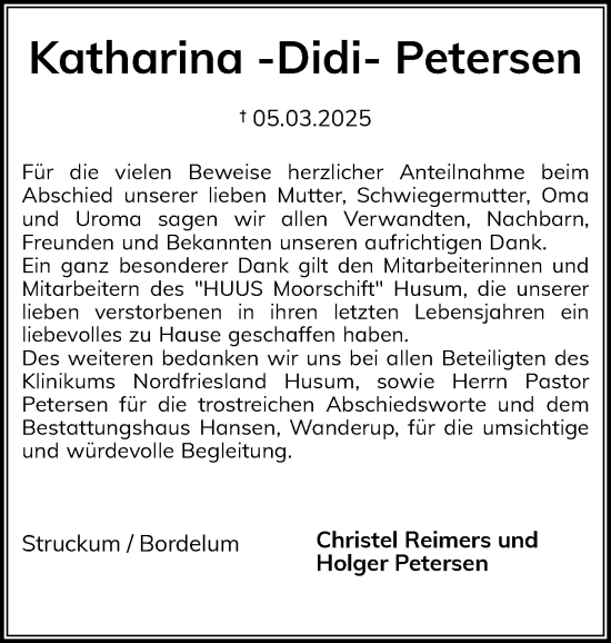 Traueranzeige von Katharina Petersen von Husumer Nachrichten, Nordfriesland Tageblatt
