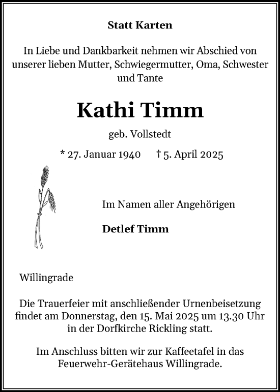 Traueranzeige von Kathi Timm von Holsteinischer Courier
