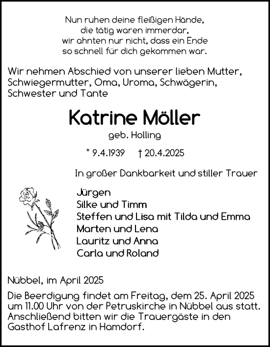 Traueranzeige von Katrine Möller von Schleswig-Holsteinische Landeszeitung
