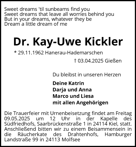 Traueranzeige von Kay-Uwe Kickler von Schleswig-Holsteinische Landeszeitung