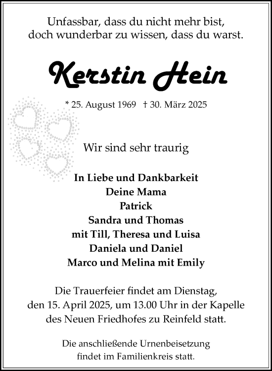 Traueranzeige von Kerstin Hein von MARKT Bad Oldesloe/Reinfeld und Stormarner Tageblatt