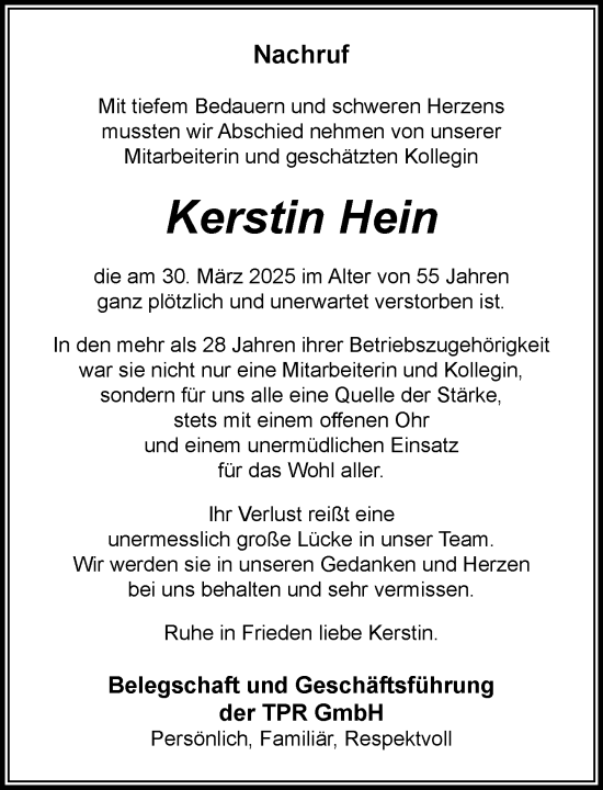 Traueranzeige von Kerstin Hein von MARKT Bad Oldesloe/Reinfeld und Stormarner Tageblatt