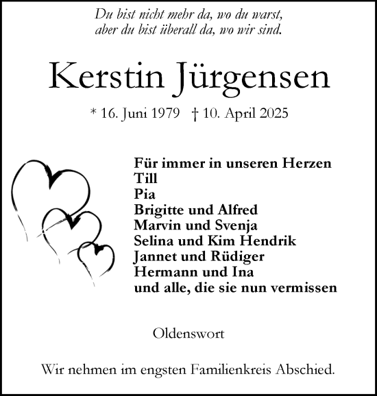 Traueranzeige von Kerstin Jürgensen von Husumer Nachrichten, Nordfriesland Tageblatt