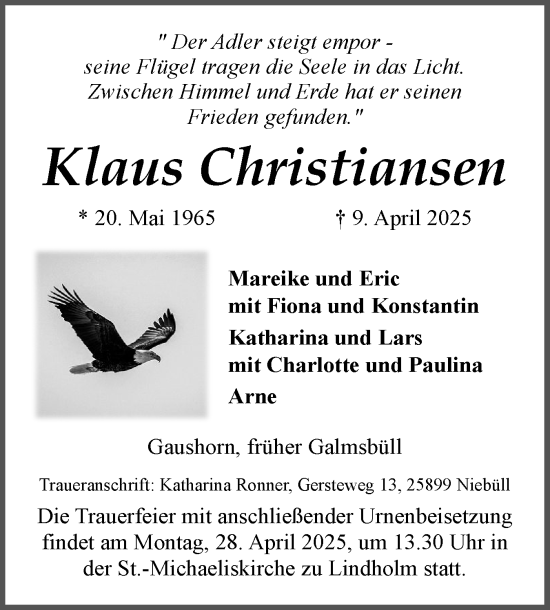 Traueranzeige von Klaus Christiansen von Husumer Nachrichten, Nordfriesland Tageblatt