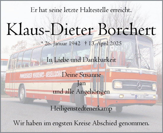 Traueranzeige von Klaus-Dieter Borchert von Norddeutsche Rundschau, Wilstersche Zeitung, Glückstädter Fortuna
