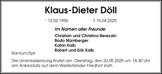 Traueranzeige von Klaus-Dieter Döll von Sylter Rundschau