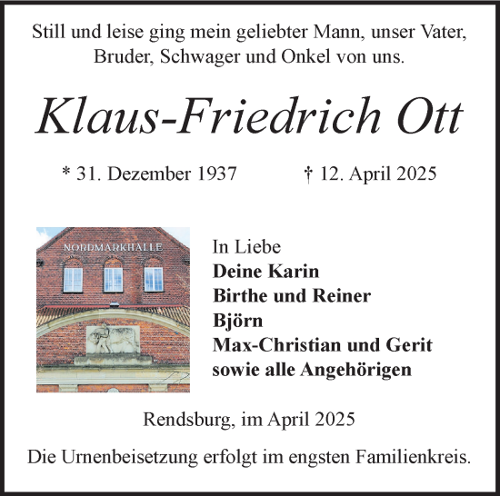 Traueranzeige von Klaus-Friedrich Ott von Schleswig-Holsteinische Landeszeitung