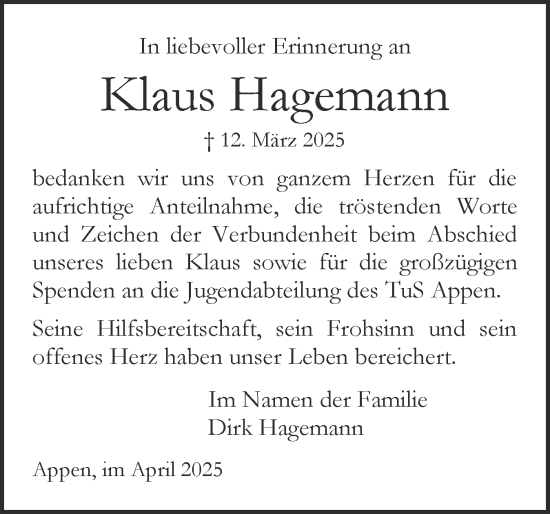 Traueranzeige von Klaus Hagemann von Region Pinneberg und tip Pinneberg