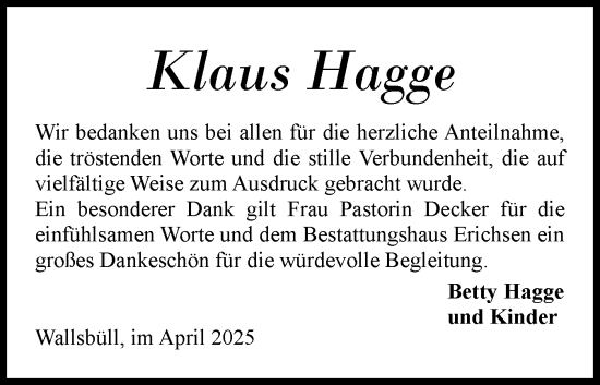 Traueranzeige von Klaus Hagge von Flensburger Tageblatt