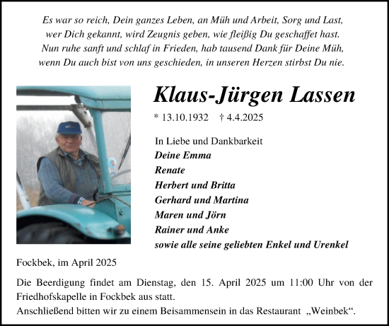 Traueranzeige von Klaus-Jürgen Lassen von Schleswig-Holsteinische Landeszeitung