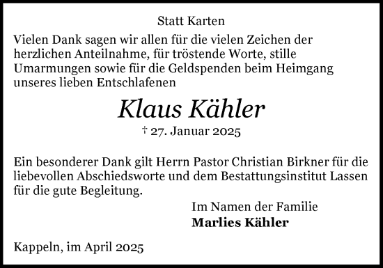Traueranzeige von Klaus Kähler von Schleswiger Nachrichten, Schlei-Bote