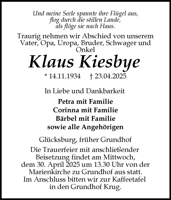 Traueranzeige von Klaus Kiesbye von Flensburger Tageblatt