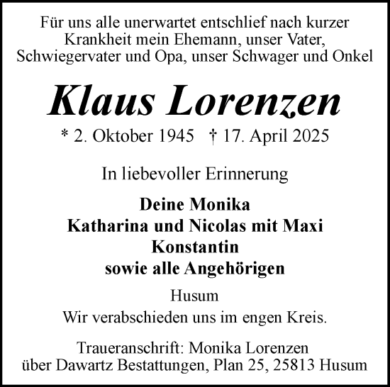 Traueranzeige von Klaus Lorenzen von Husumer Nachrichten, Nordfriesland Tageblatt