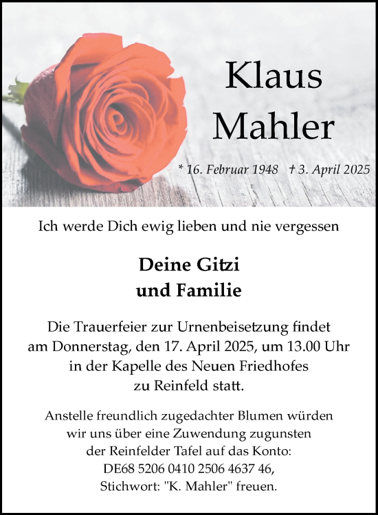 Traueranzeige von Klaus Mahler von MARKT Bad Oldesloe/Reinfeld und Stormarner Tageblatt